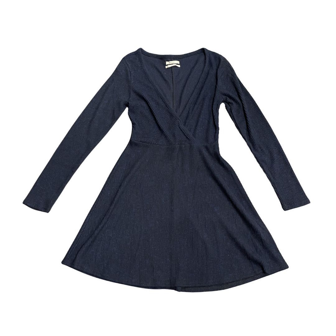 Urban Outfitters Navy Blue Long Sleeve Wrapped Neck Mini Ribbed Knit Dress Size M / US 6-8 / IT 42-44 - 2 Thumbnail