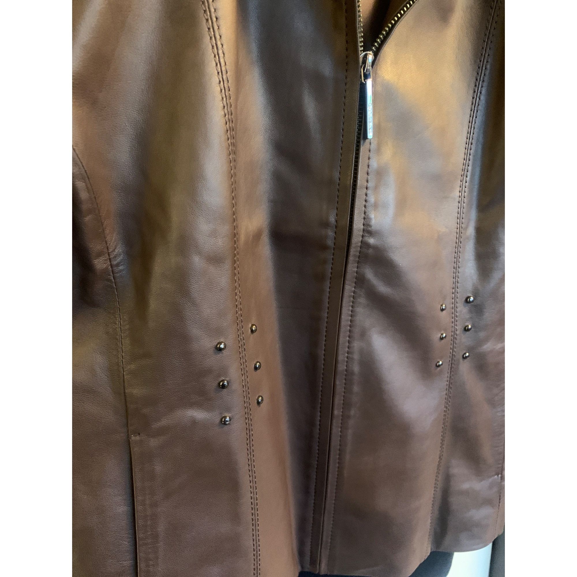 Designer Siena Studio Women's Brown Zip Studded Leather Moto Jacket Size S / US 4 / IT 40 - 9 Thumbnail