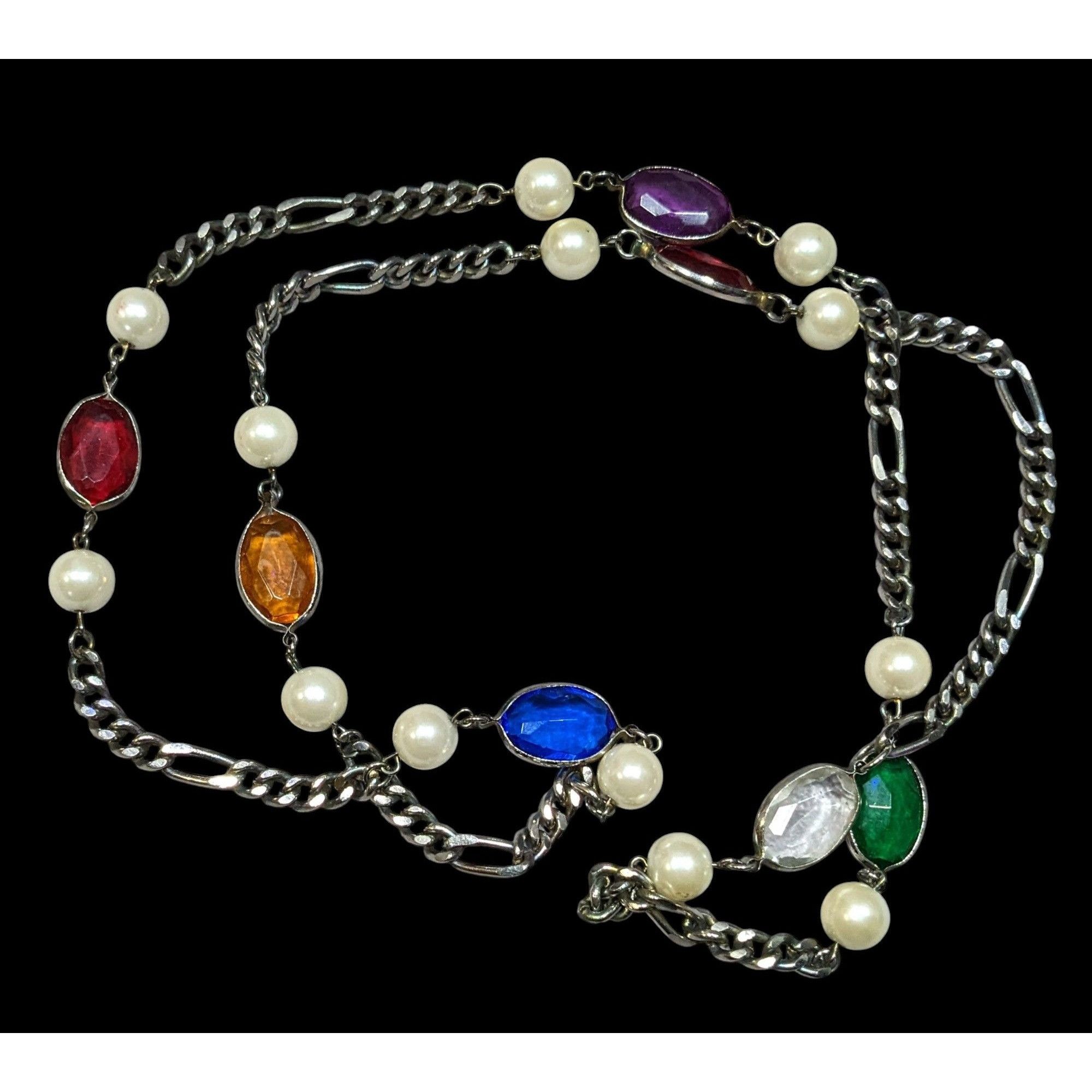 Other Vintage Faux Pearl And Rainbow Gem Station Necklace On Silve Size ONE SIZE - 1 Thumbnail
