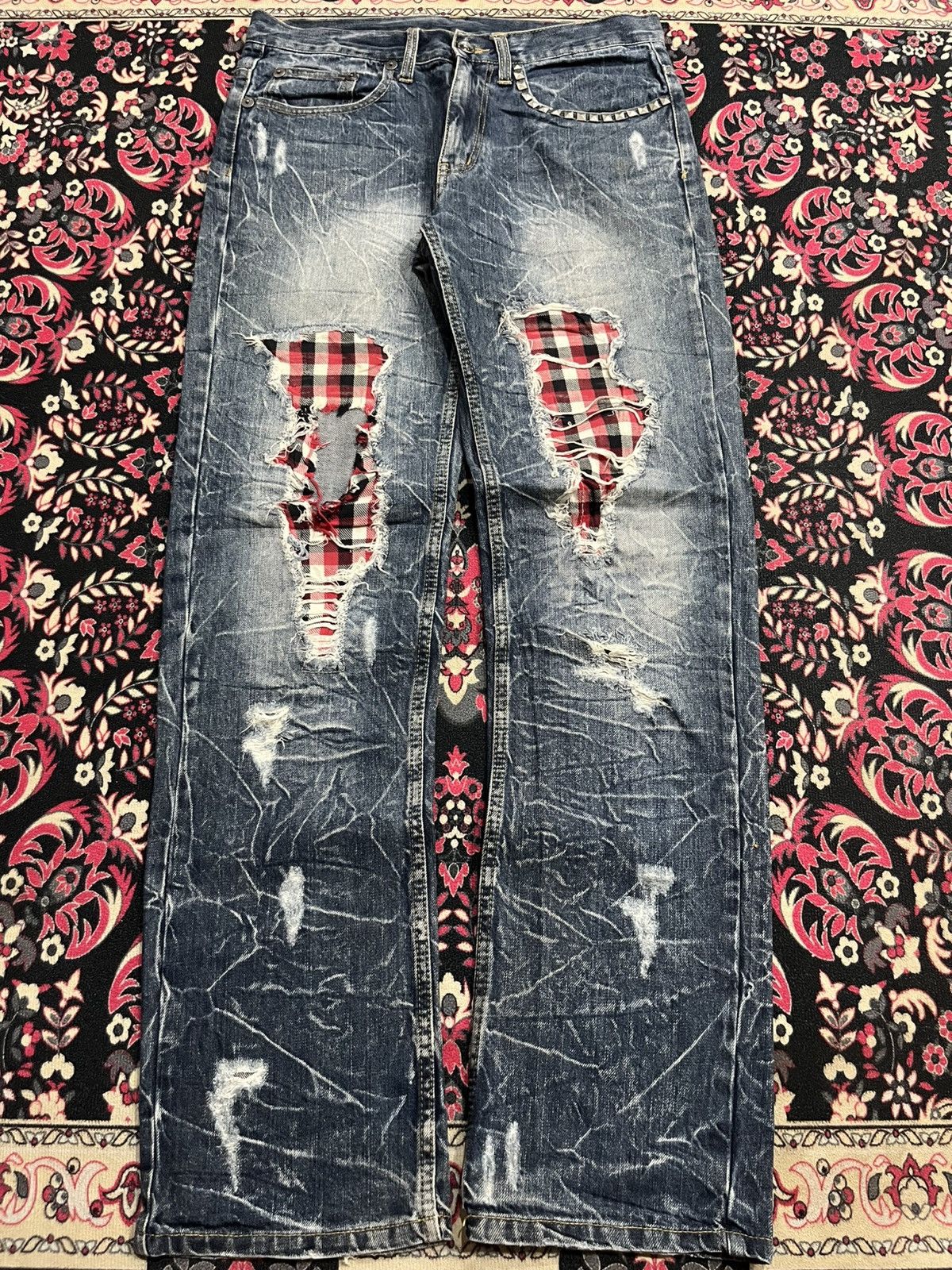 Hysteric Glamour Japanese Brand Tartan Patches Pocket Studded Crack Blue Jean Size US 31 - 1 Thumbnail