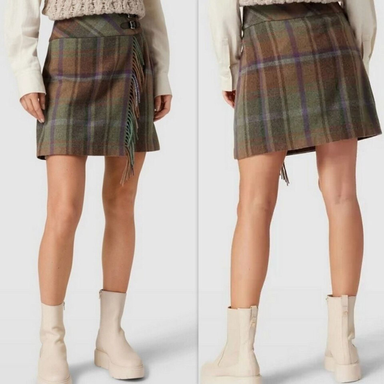 Lauren Ralph Lauren RALPH LAUREN GREEN BROWN PLAID TARTAN FRINGED WOOL SKIRT NWT Size 34" / US 12 / IT 48 - 2 Thumbnail