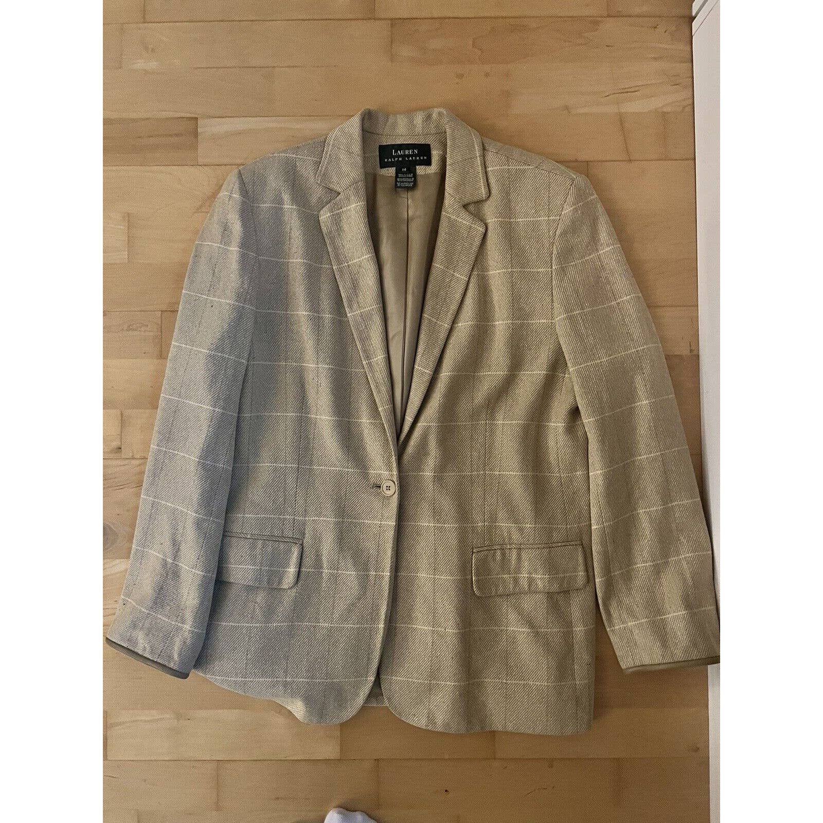 Image of Lauren Ralph Laurent Silk Plaid Herringbone Blazer Leather in Beige, Women's (Size XL)