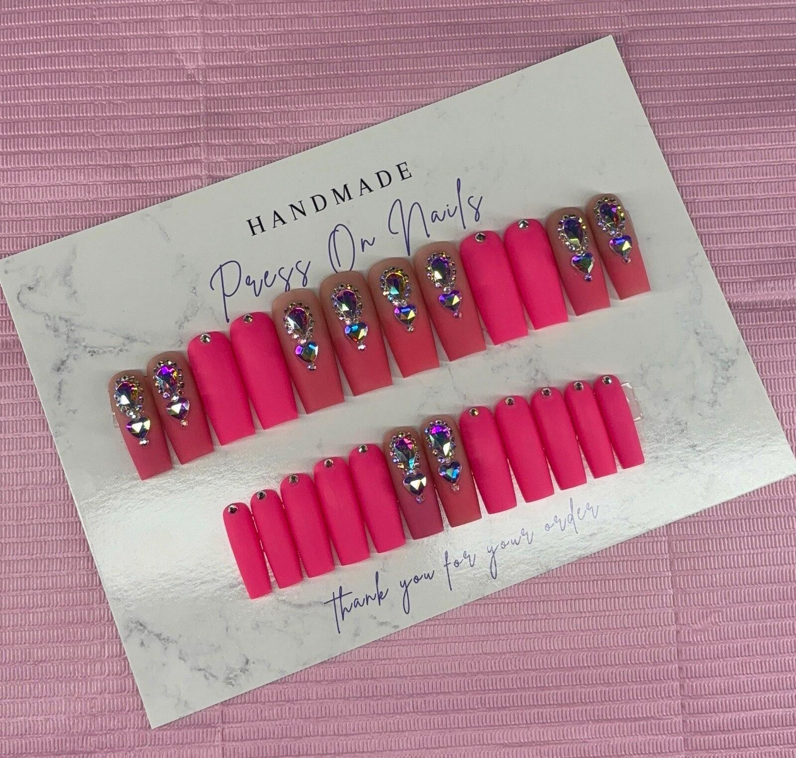 Handmade Long square Press on nails pink ombré rhinestones matte nude Size ONE SIZE - 3 Thumbnail
