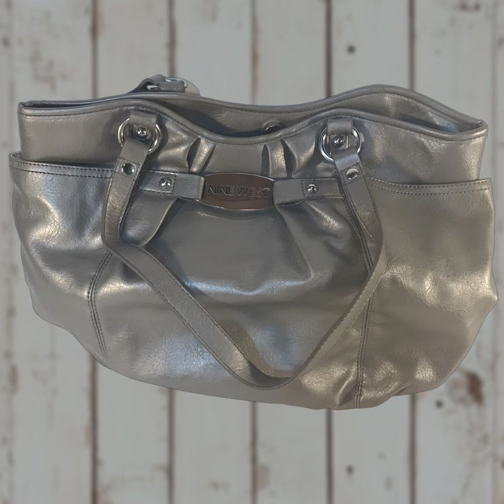 Nine West VINTAGE Nine West Shoulder Bag Pewter Faux Leather Double Handles Large 11x16x10 Ivory Lining Inner Pockets Mock Snap Closure Womens Size ONE SIZE - 1 Thumbnail