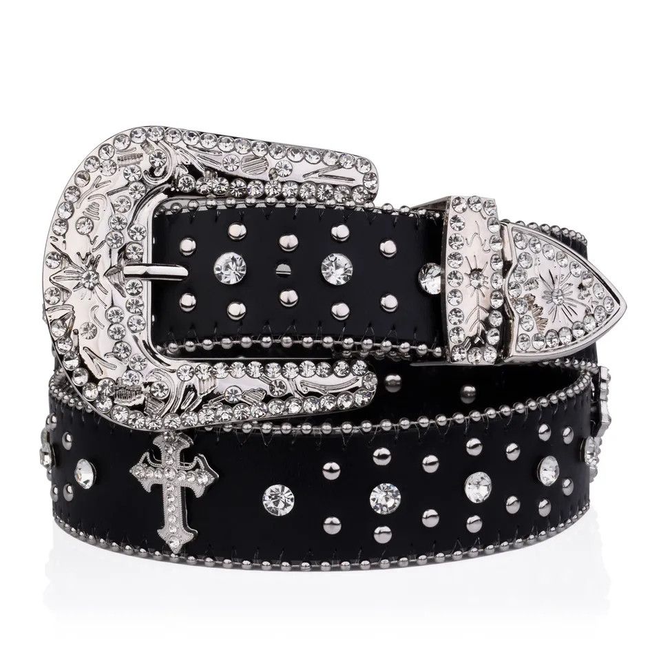 Japanese Brand × Leather Black Cross Rivet Belt Engraved Buckle Rhinestone Size ONE SIZE - 1 Thumbnail