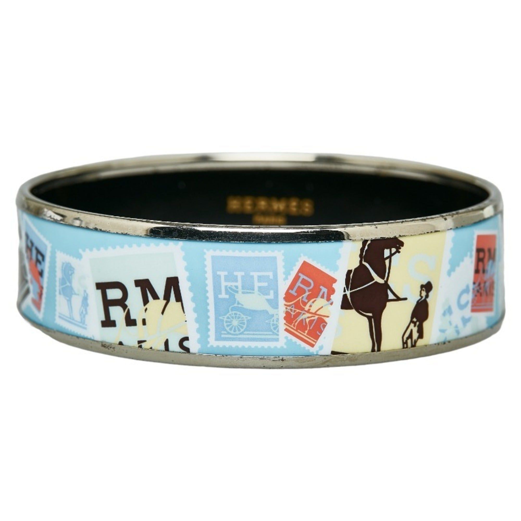 image of Hermes Enamel Gm Cloisonne Carriage Stamp Bangle Bracelet Silver Blue Multicolor Metal Women's