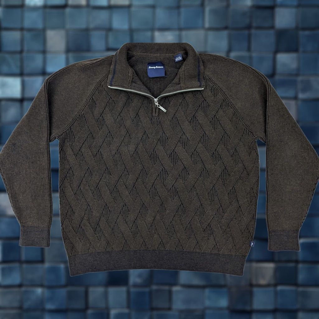 Tommy Bahama Tommy Bahama Cross Knit Cotton Midweight Sweater Men XL Raglan 1/2 Zip Mock Neck Brown Knit Pullover Size US XL / EU 56 / 4 - 1 Thumbnail
