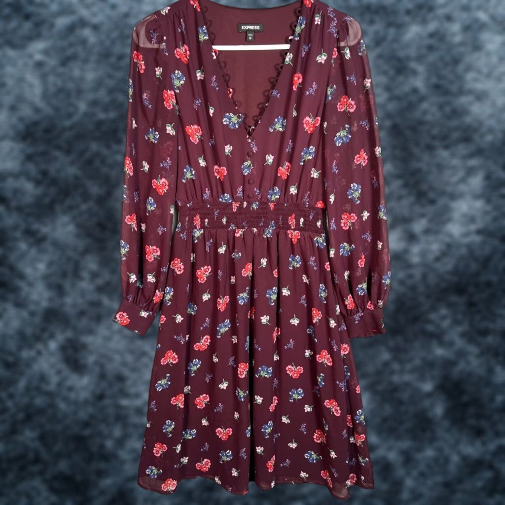 Express VINTAGE Express Floral Burgundy Long Sleeve V-Neck Dress Womens XS Shirt Size XS / US 0-2 / IT 36-38 - 1 Thumbnail