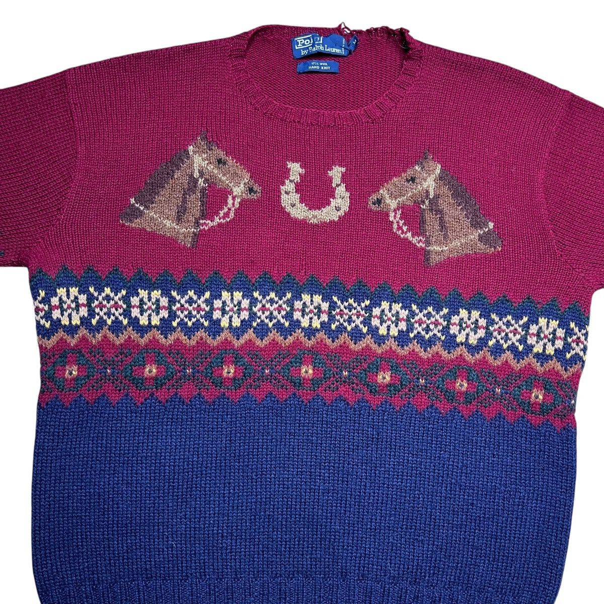 Polo Ralph Lauren × Vintage 1990s Polo Ralph Lauren Horse Horseshoe Hand Knit Sweater Size US M / EU 48-50 / 2 - 4 Thumbnail