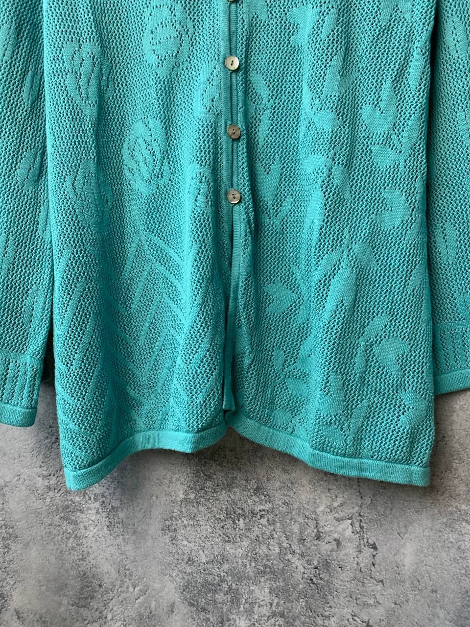 Designer Gudrun Sjoden Green Cotton Pointelle Knit Cardigan Sweater Size M / US 6-8 / IT 42-44 - 8 Thumbnail