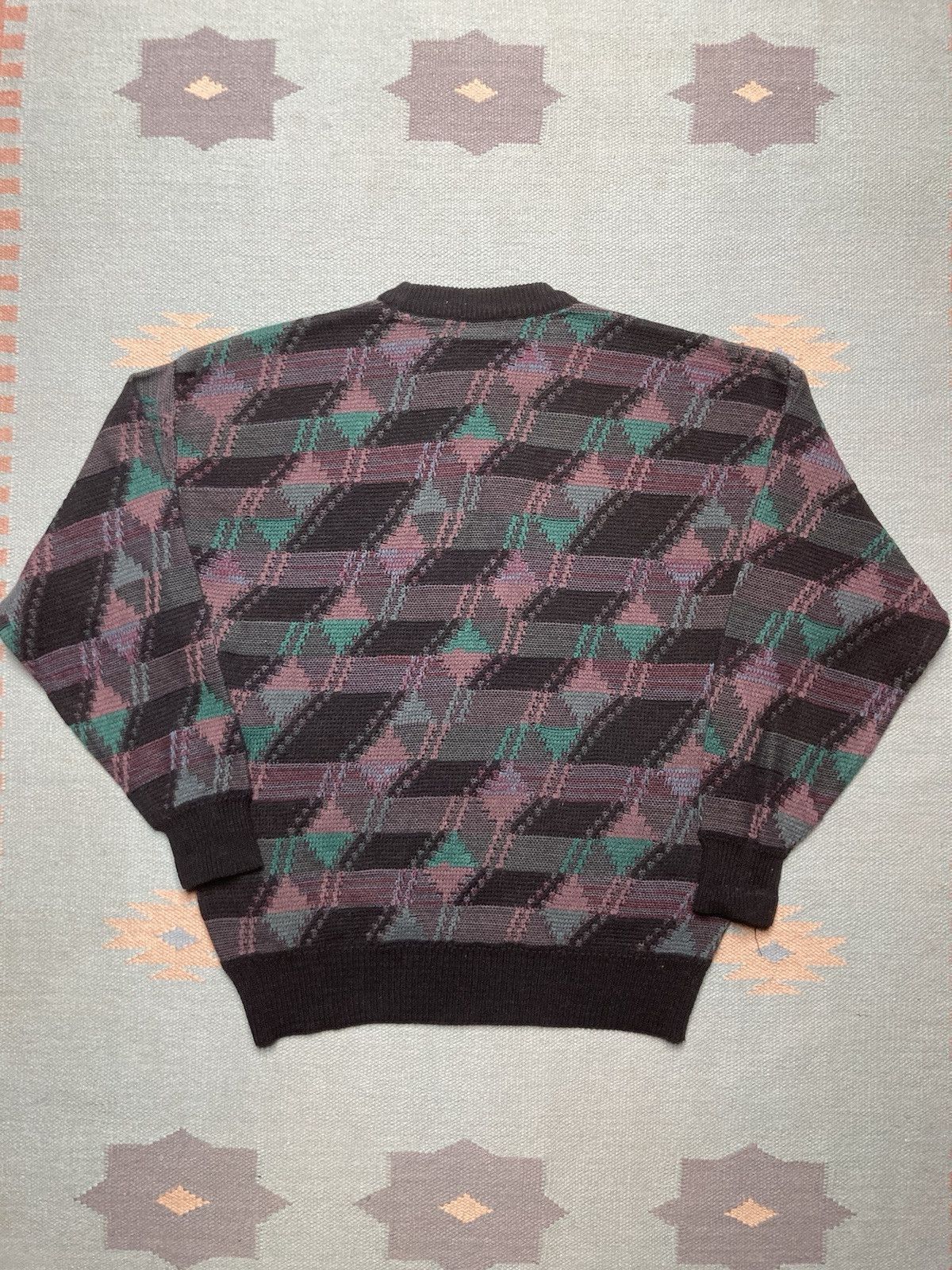 Vintage Vtg knit sweater acrylic wool geometric abstract leather XL Size US XL / EU 56 / 4 - 5 Thumbnail