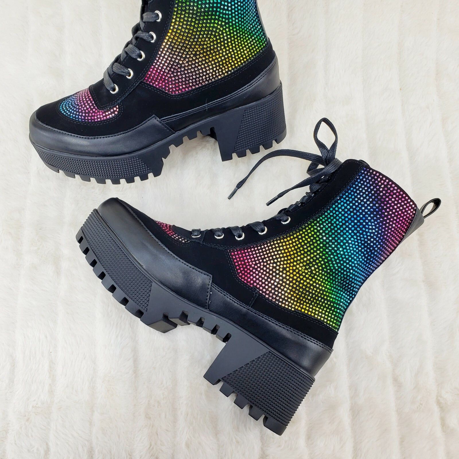 Other Diva Shine Rainbow Rhinestone Lace Up Platform Combat Ankle Size US 7 / IT 37 - 2 Thumbnail