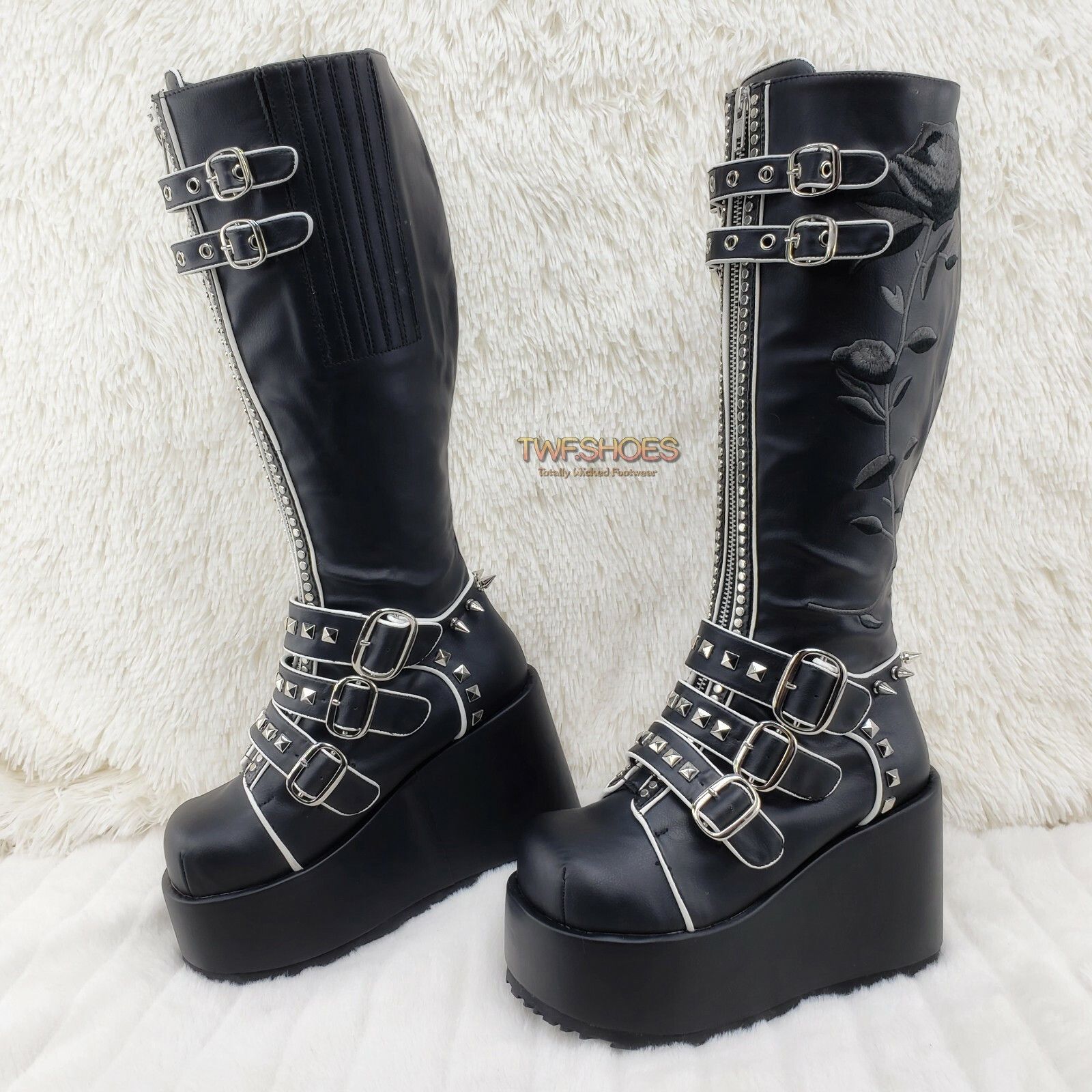 Demonia Cult DEMONIA Concord Black Platform Rose Goth Studded Knee Boots Size US 6 / IT 36 - 4 Thumbnail