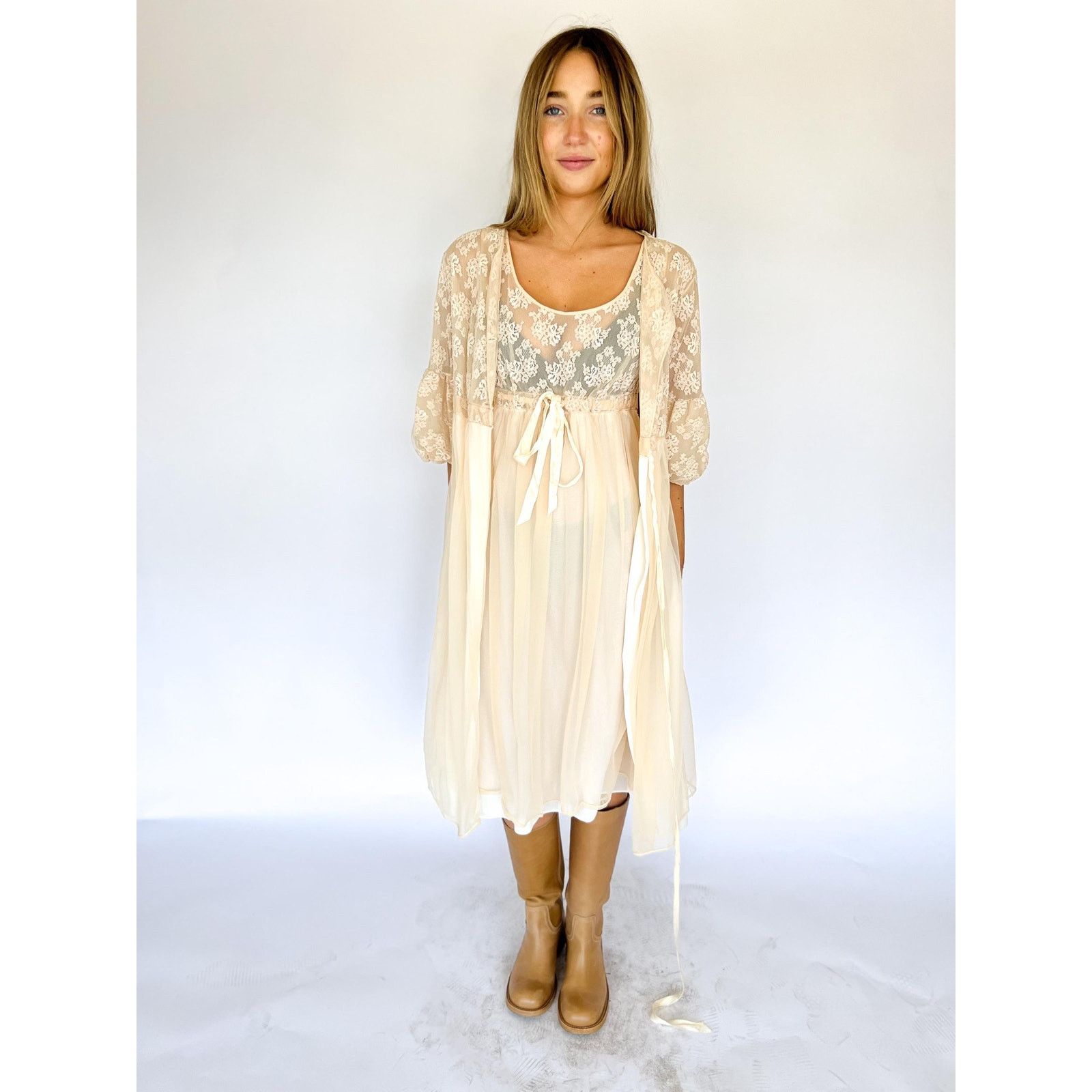 Vintage Vintage Sheer Cream Lace Midi Dress Set Lingerie Streetware Size M / US 6-8 / IT 42-44 - 9 Thumbnail