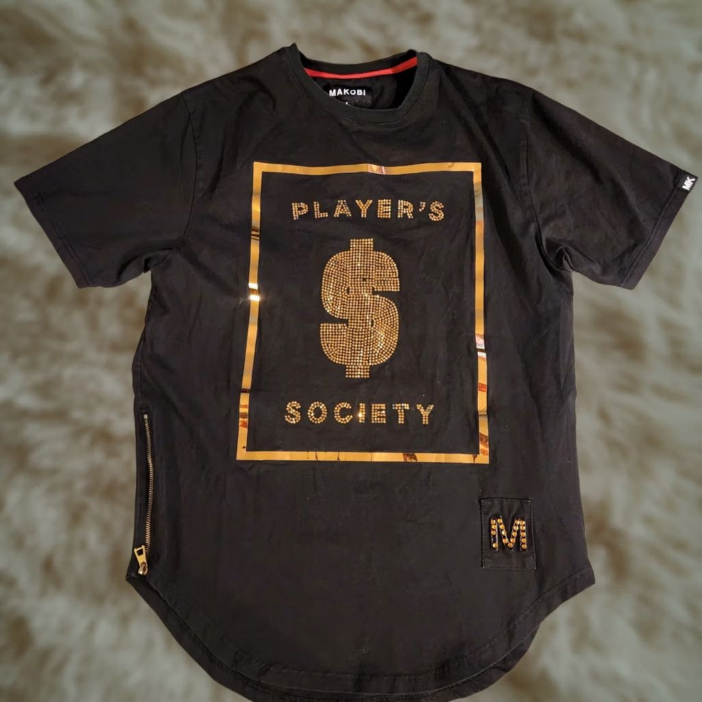 B Sides Makobi T Shirt Tee Mens Large Rhinestones Studs Gold Players Society Zip Sides Black Mens L Studded T-Shirt Size US L / EU 52-54 / 3 - 1 Thumbnail