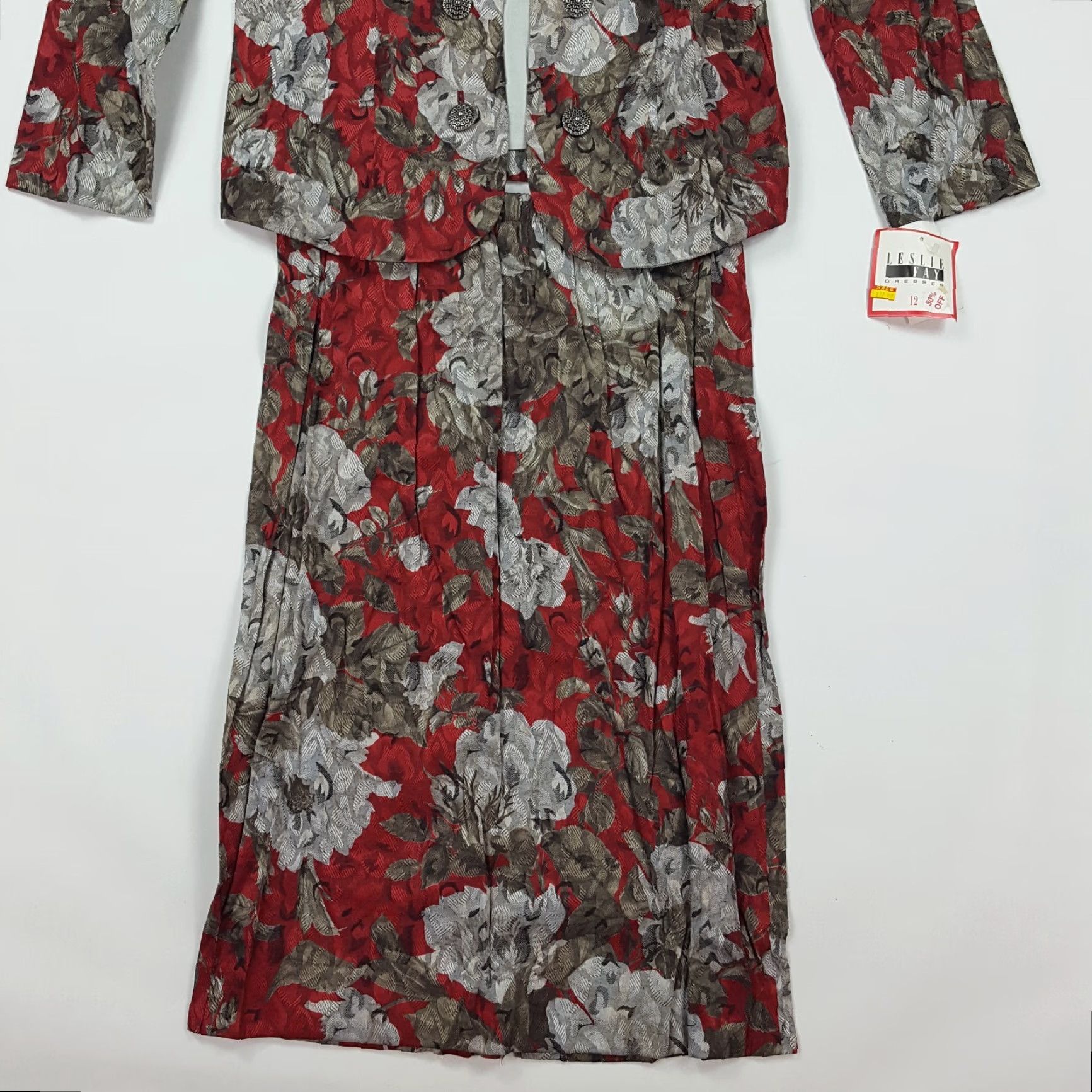 Vintage VINTAGE Leslie Fay Women's Large Floral Suit Skirt Set 2-Piece Pleated Red 80s Retro Party/Cocktail Dress Shirt Size 36" / US 14 / IT 50 - 3 Thumbnail