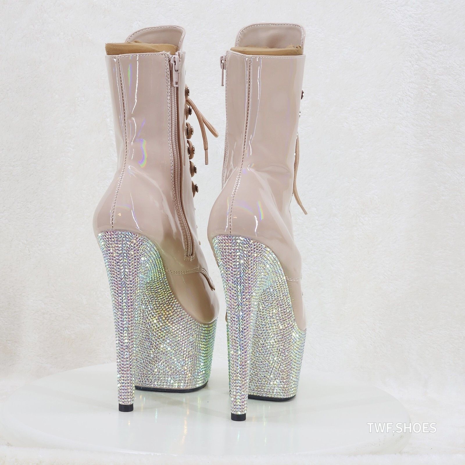 Other Bejeweled Nude Rhinestone Platform Lace Up Ankle Boots 7" Hi Size US 6 / IT 36 - 7 Thumbnail