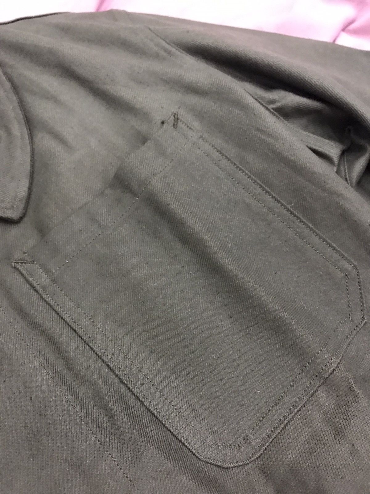 Other 60s FRENCH ARMY CHORE COAT sage, like new stiff work jacket Size US M / EU 48-50 / 2 - 3 Thumbnail