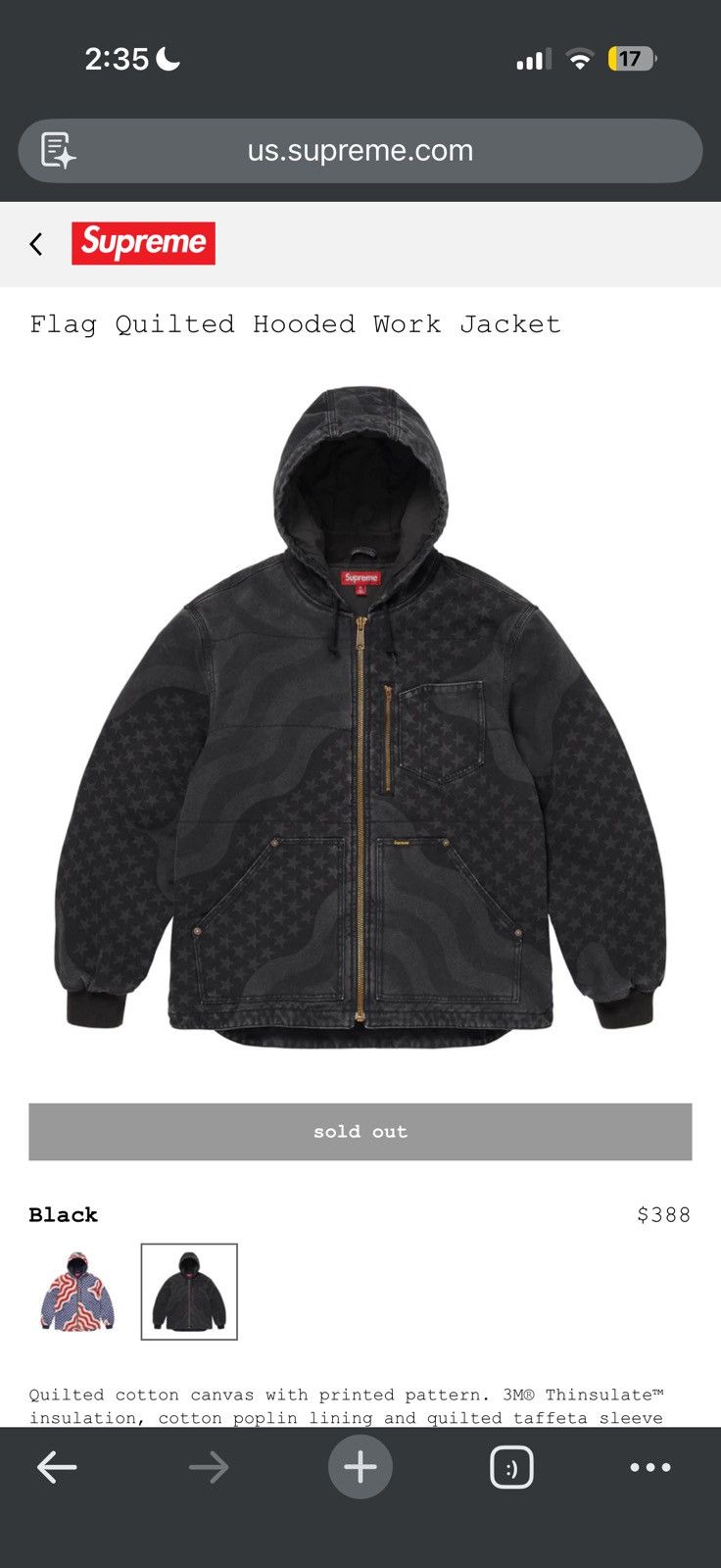 Supreme Supreme Flag Quilted Hooded Work Jacket - black - Large Size US L / EU 52-54 / 3 - 9 Thumbnail