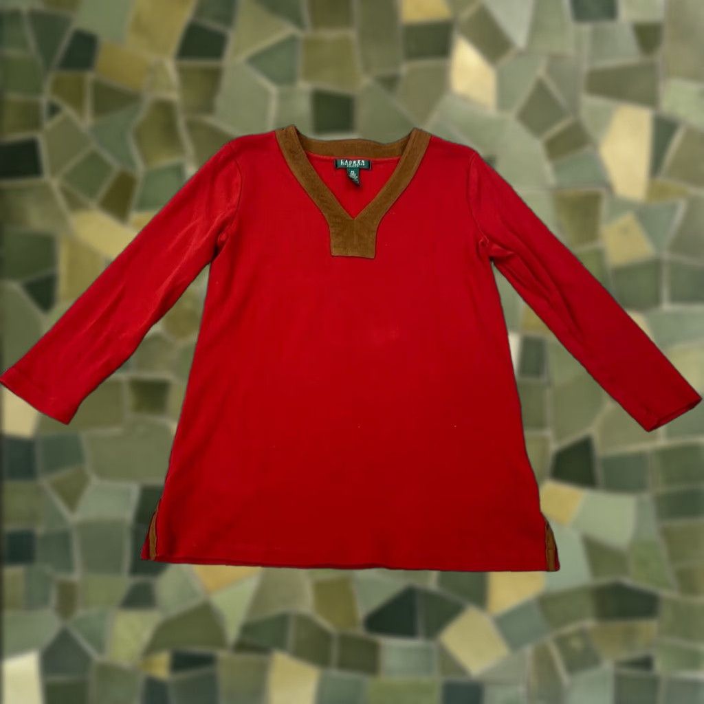 Ralph Lauren Lauren Ralph Lauren Womens Petite Small Red V-Neck Tunic 3/4 Sleeve Blouse Shirt Size S / US 4 / IT 40 - 1 Thumbnail