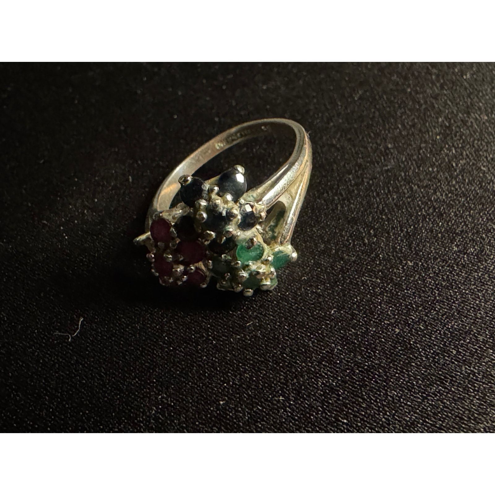 Other Sterling Signed Beta Ruby, Sapphire, Emerald Flower Ring Size ONE SIZE - 3 Thumbnail