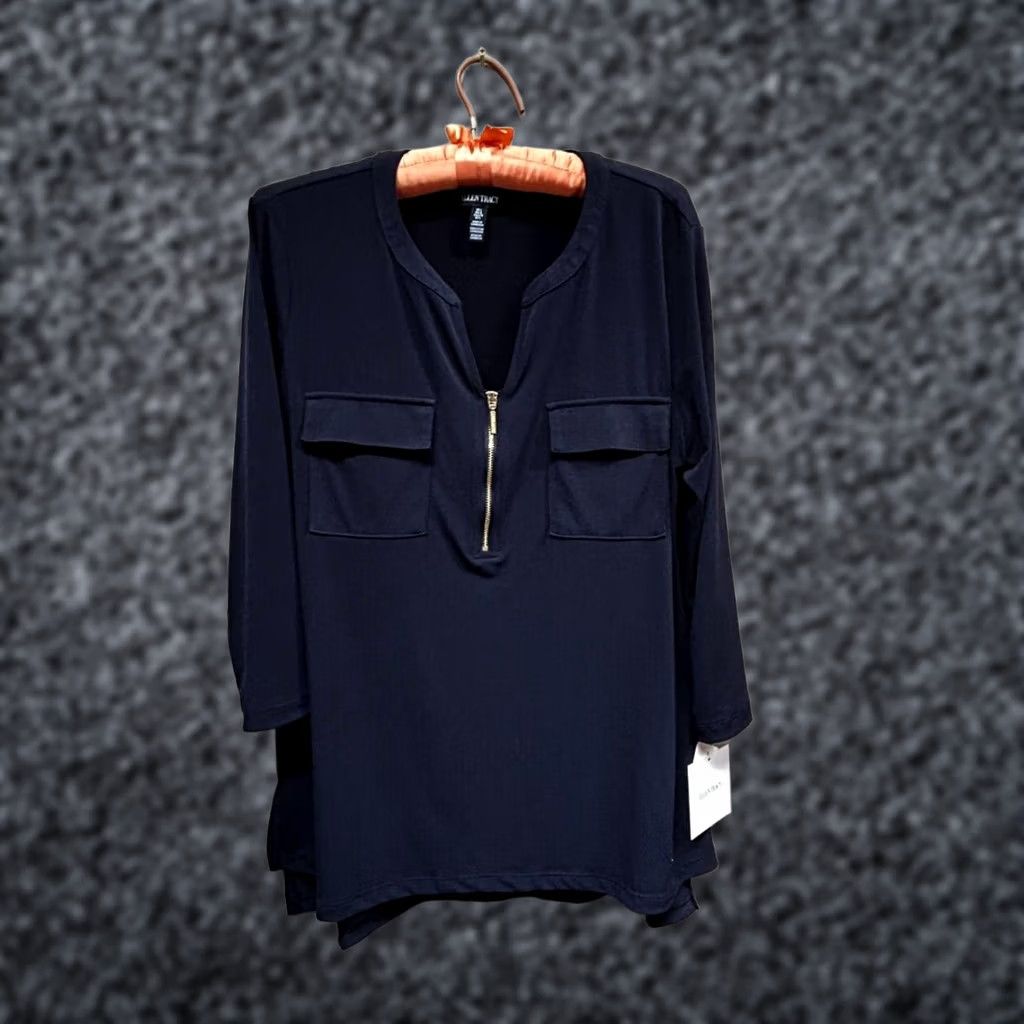 Ellen Tracy ELLEN TRACY Women's 3/4 Sleeve Zip Front Utility Top Navy Large New Size L / US 10 / IT 46 - 1 Thumbnail