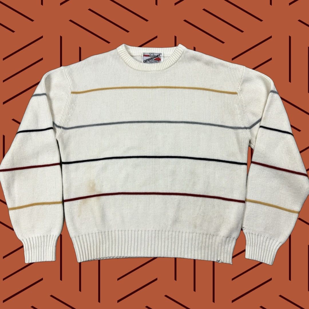 Vintage VTG Campus Sport Striped Ivory Crewneck Sweater - Men's Large Pullover Knit Wool Blend Size L / US 10 / IT 46 - 1 Thumbnail