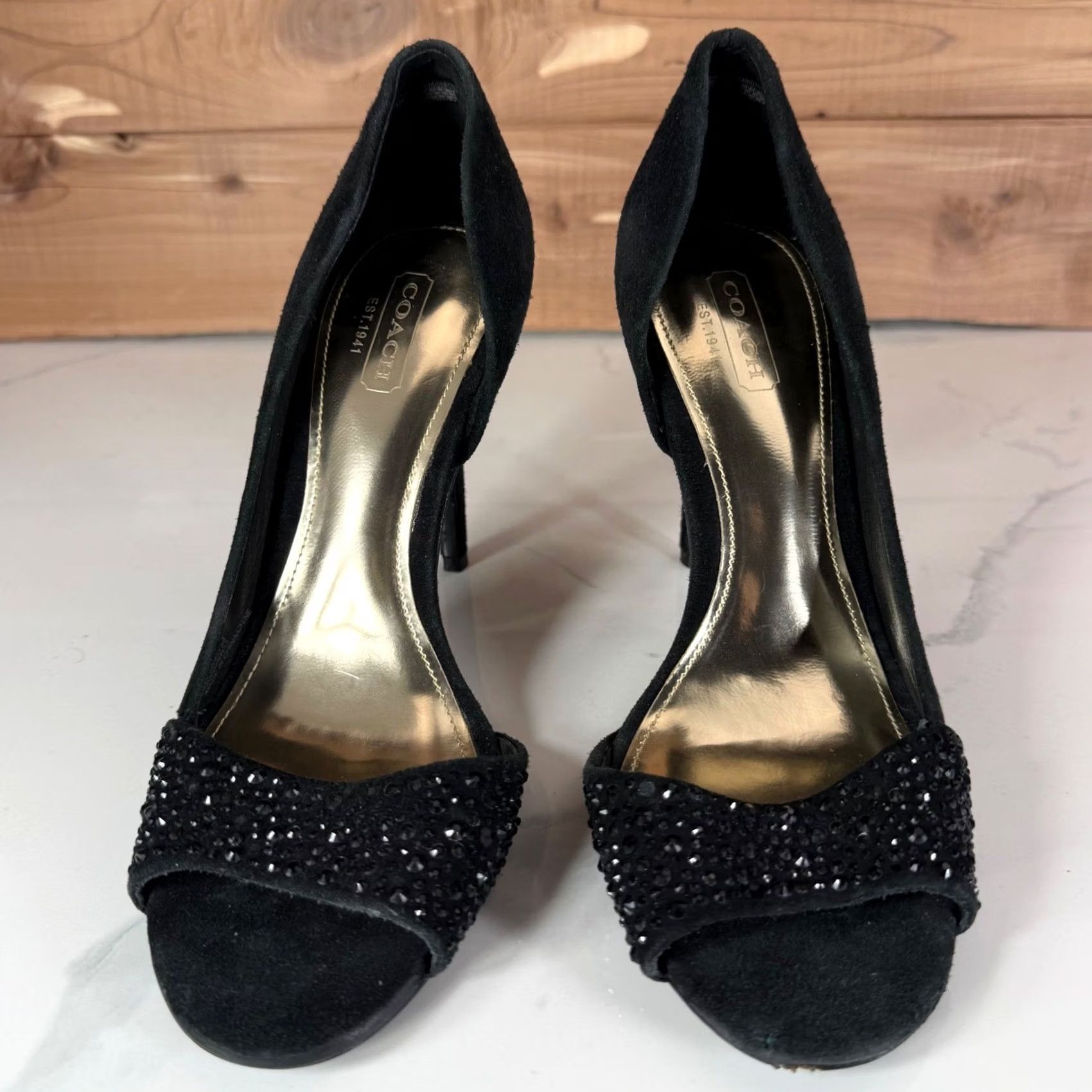 Coach VINTAGE Coach Black Suede Rhinestone Peep Toe Pumps d'Orsay Stiletto Heels Womens 6B Size US 6 / IT 36 - 7 Thumbnail