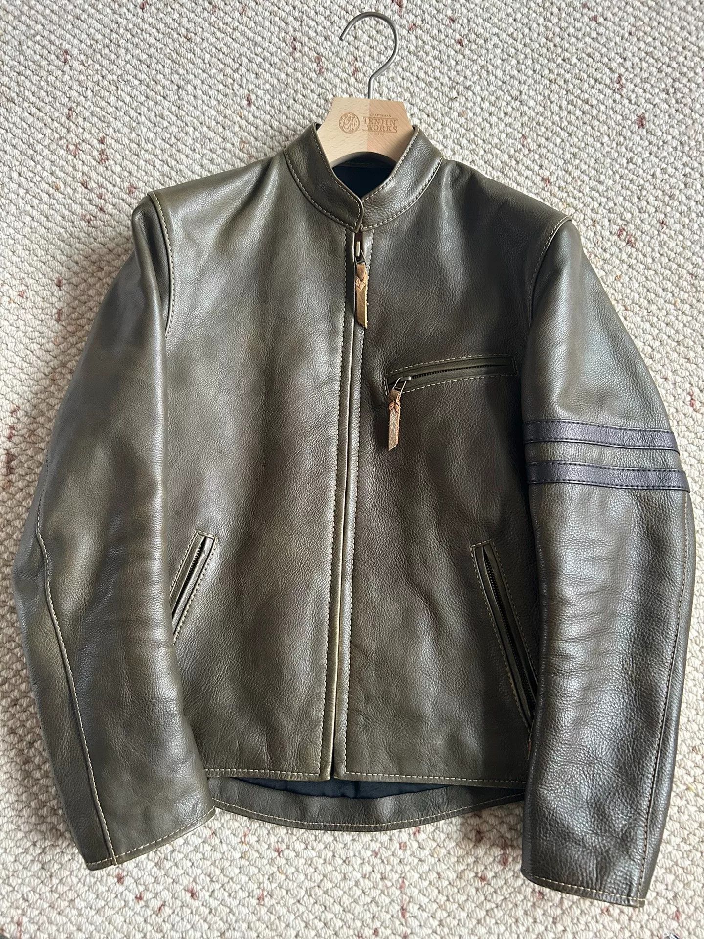 Japanese Brand olive green leather motorcycle jacket Size US M / EU 48-50 / 2 - 1 Thumbnail