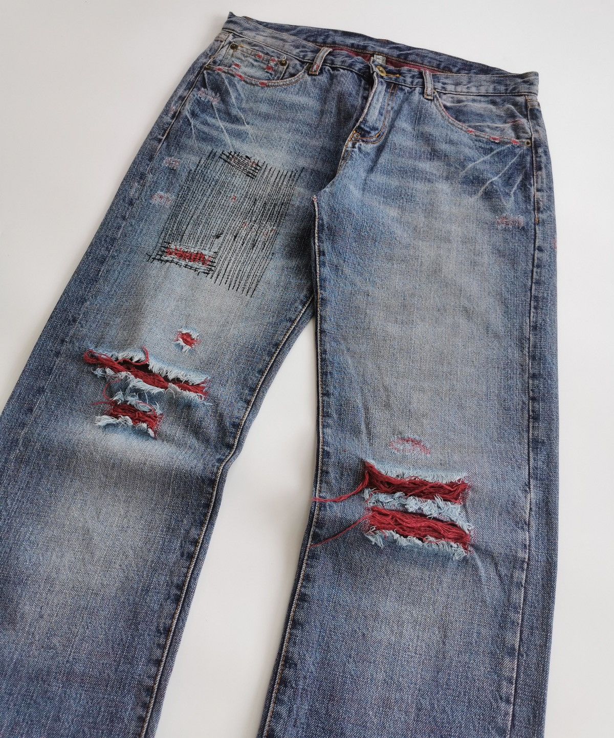Japanese Brand Reddish Vibgyor Distressed Repair Denim Jeans Size US 33 - 3 Thumbnail