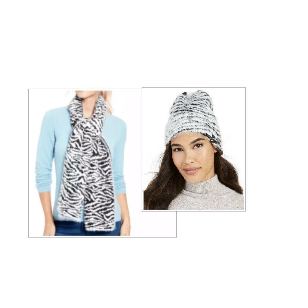 DKNY DKNY Fuzzy Animal Print Knit Scarf and Beanie Combo, Black/W Size ONE SIZE - 1 Thumbnail