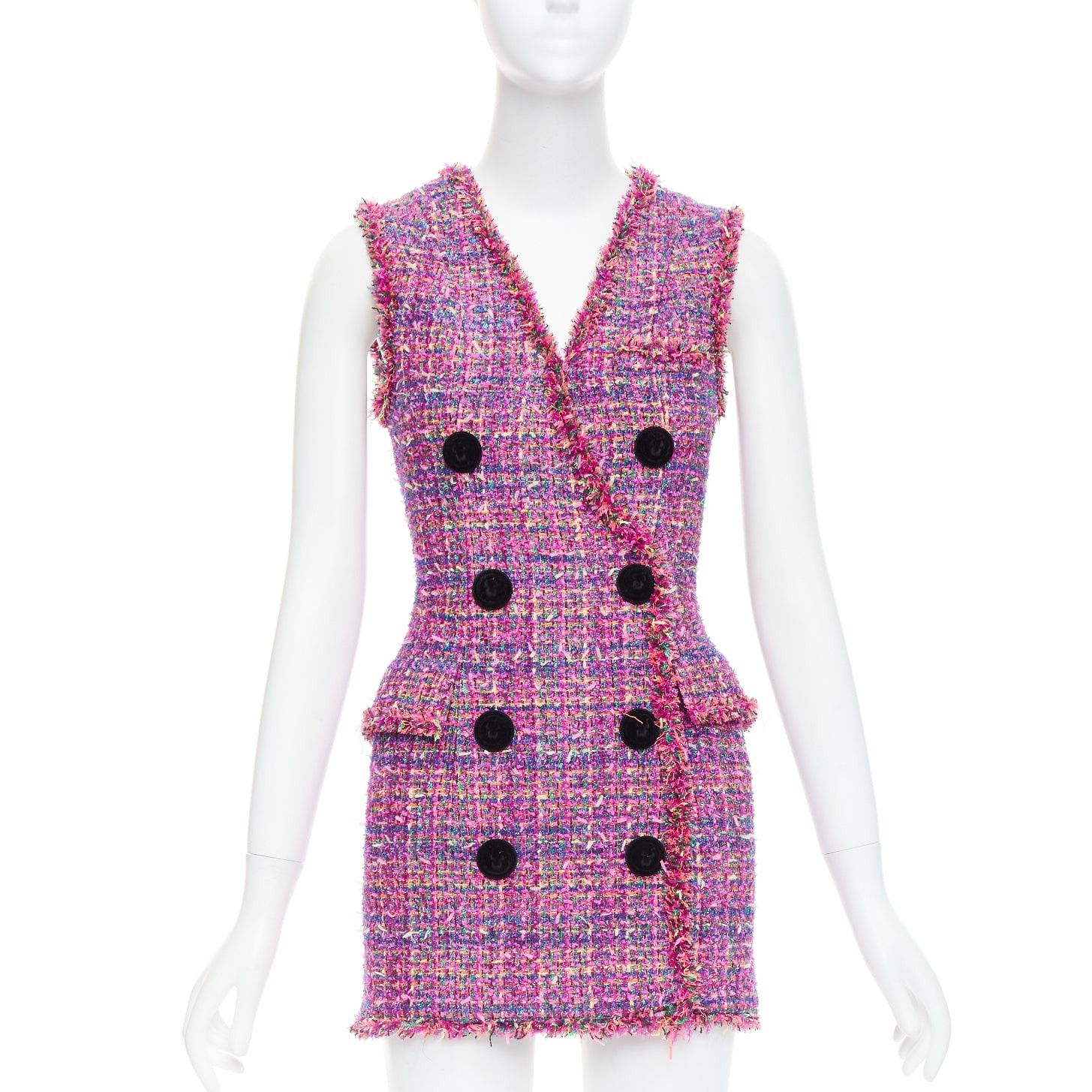Balmain BALMAIN multicolor pink tweed black velvet buttons vest dress FR34 XS Size XS / US 0-2 / IT 36-38 - 1 Thumbnail