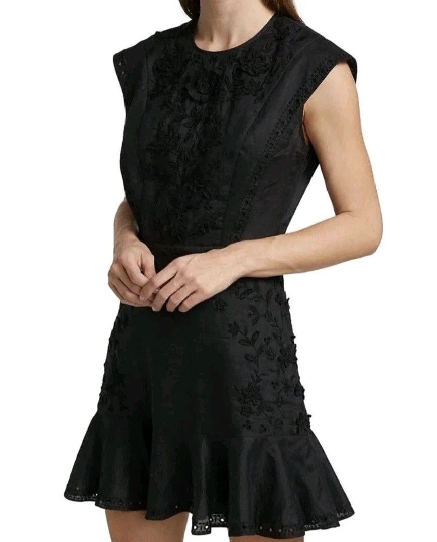 Veronica Beard Dress Kerison Embroidered Floral Ruffle Short Sleeve Party Size XS / US 0-2 / IT 36-38 - 3 Thumbnail