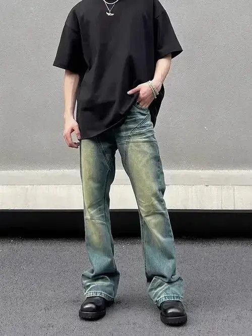 Japanese Brand × Jean Vintage washed yellow mud patchwork micro-flared jeans Size US 32 / EU 48 - 4 Thumbnail