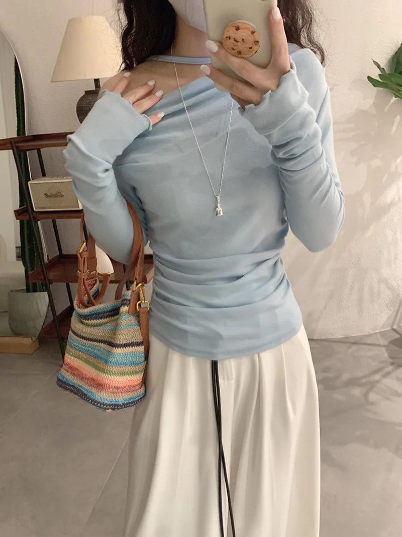 Other Shoulder Collar Solid Long Sleeves Inner Bottoming T-shirt Size ONE SIZE - 3 Thumbnail