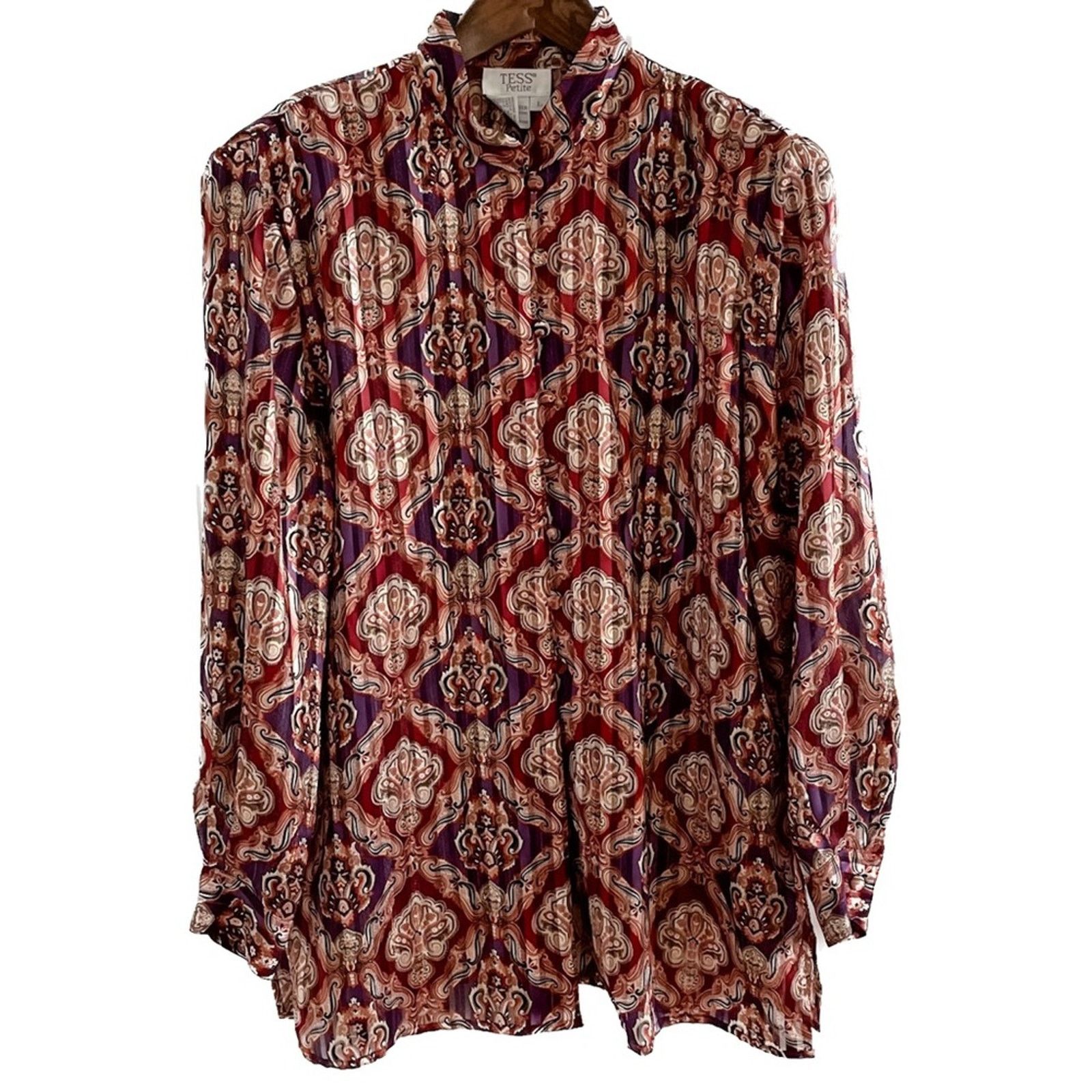Vintage Vintage medallion crinkle pleated collarless metallic blouse Size L / US 10 / IT 46 - 1 Thumbnail