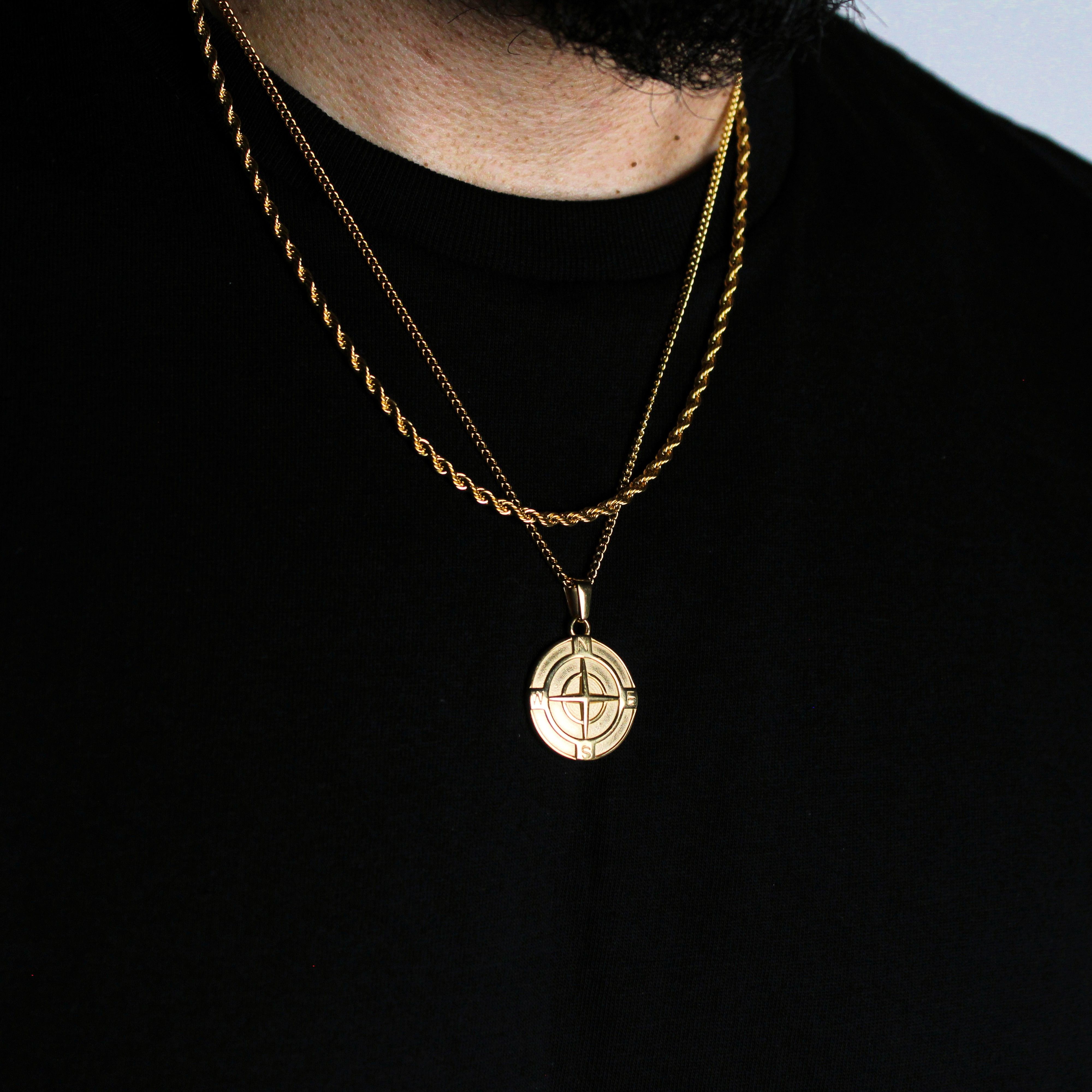 Jewelry Gold Compass Pendant Necklace & 3mm Rope Chain Set Size ONE SIZE - 2 Thumbnail