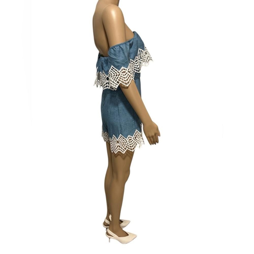 Bardo Blue Off-Shoulder Romper with Lace Trim Size 27" / US 4 / IT 40 - 2 Thumbnail