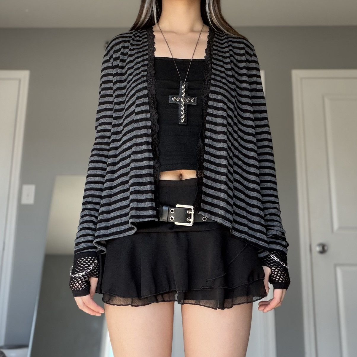 Other Mall Goth Black & Gray Striped Open Front Lace Trim Cardigan Size M / US 6-8 / IT 42-44 - 14 Thumbnail