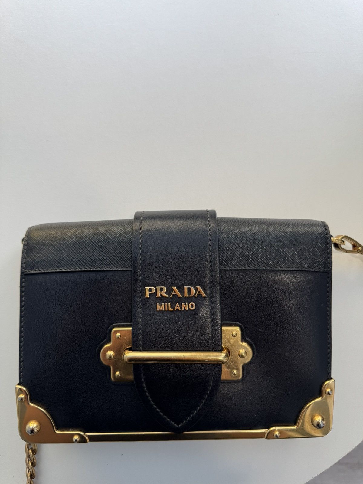 Prada Prada Cahier Leather Shoulder Bag in Black and Gold Size ONE SIZE - 10 Thumbnail