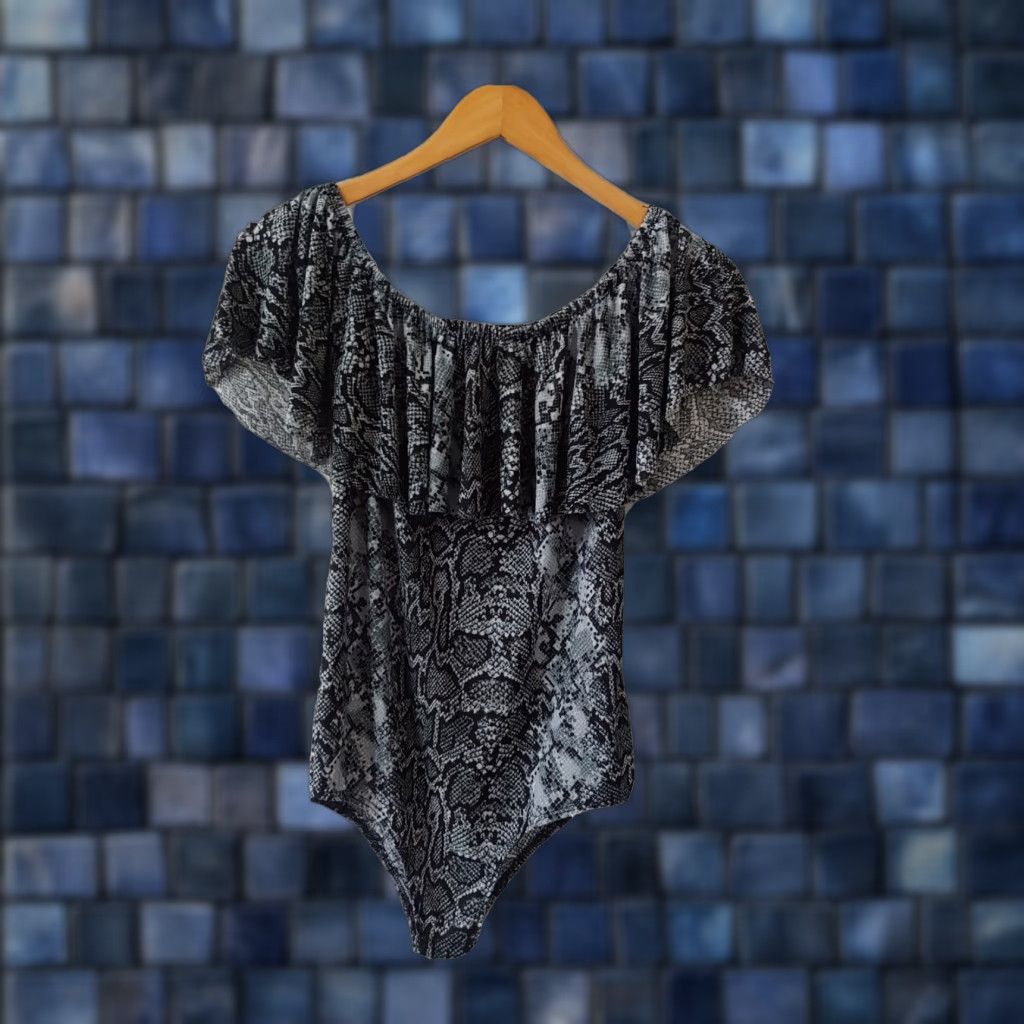 Vintage VINTAGE Objex Bodysuit Womens XL Animal Print Ruffle Black Gray Cold Shoulder Sleeveless Size XL / US 12-14 / IT 48-50 - 1 Thumbnail
