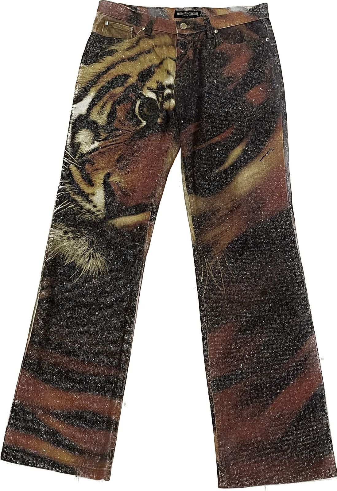 image of Roberto Cavalli Aw2000 Tiger Print Shimmer Jeans in Orange, Women's (Size 31)