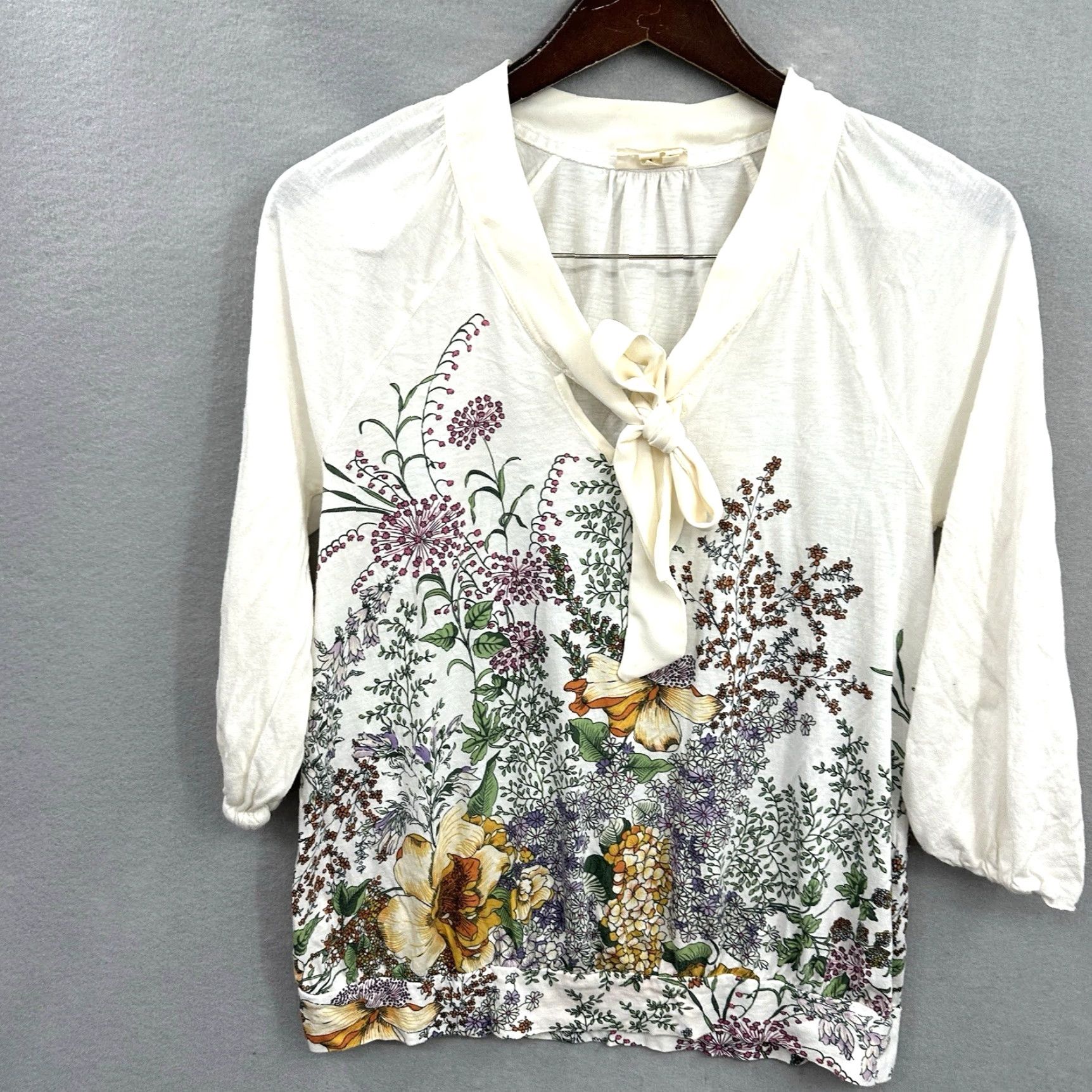 Vintage Meadow Rue Blouse Women M Ivory Floral Jersey Bow Neck Round Neck Casual Sleeve Basic Bohemian 90s? Size M / US 6-8 / IT 42-44 - 2 Thumbnail