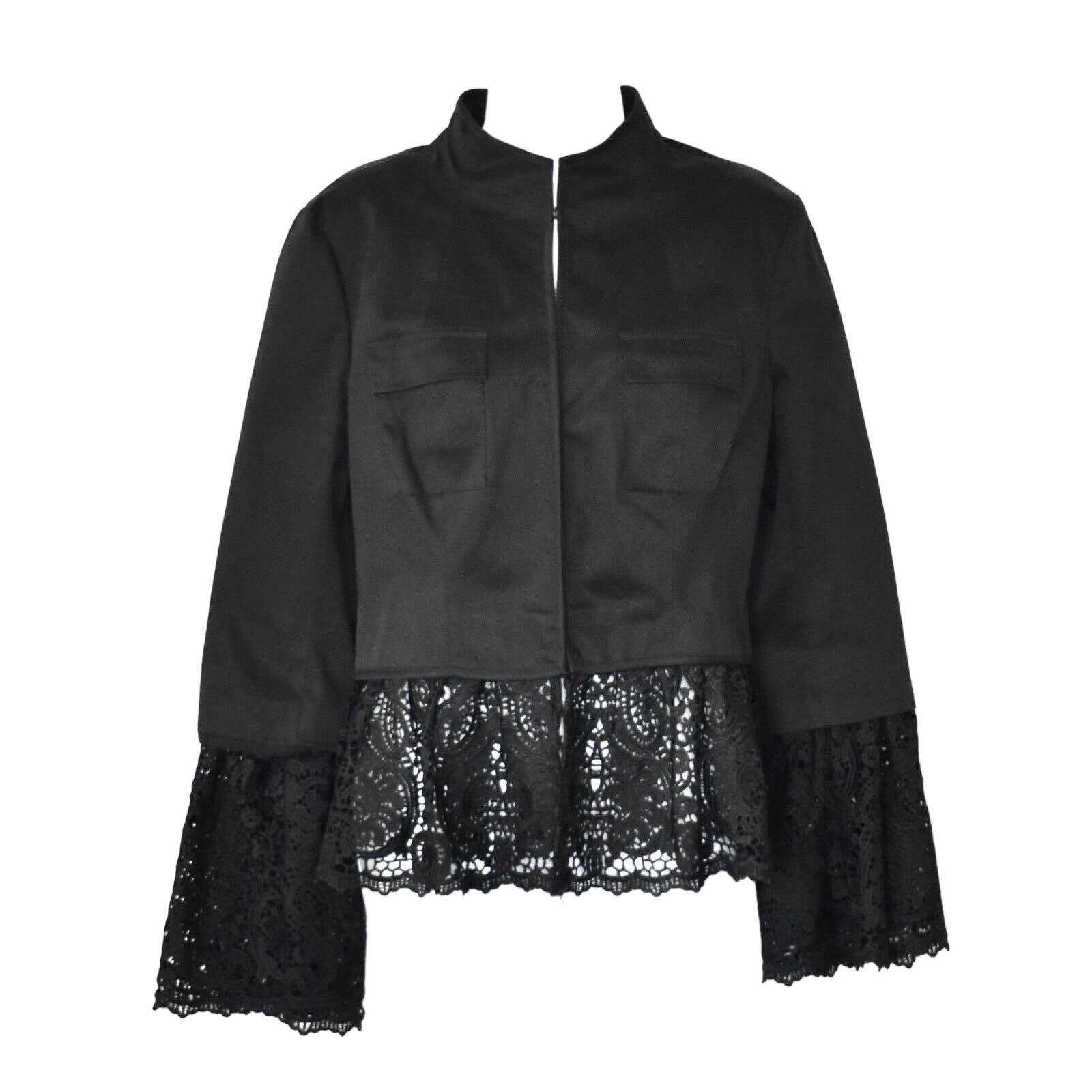 INTERMIX Black Cotton Blend Lace Trim Long Sleeve Blouse L