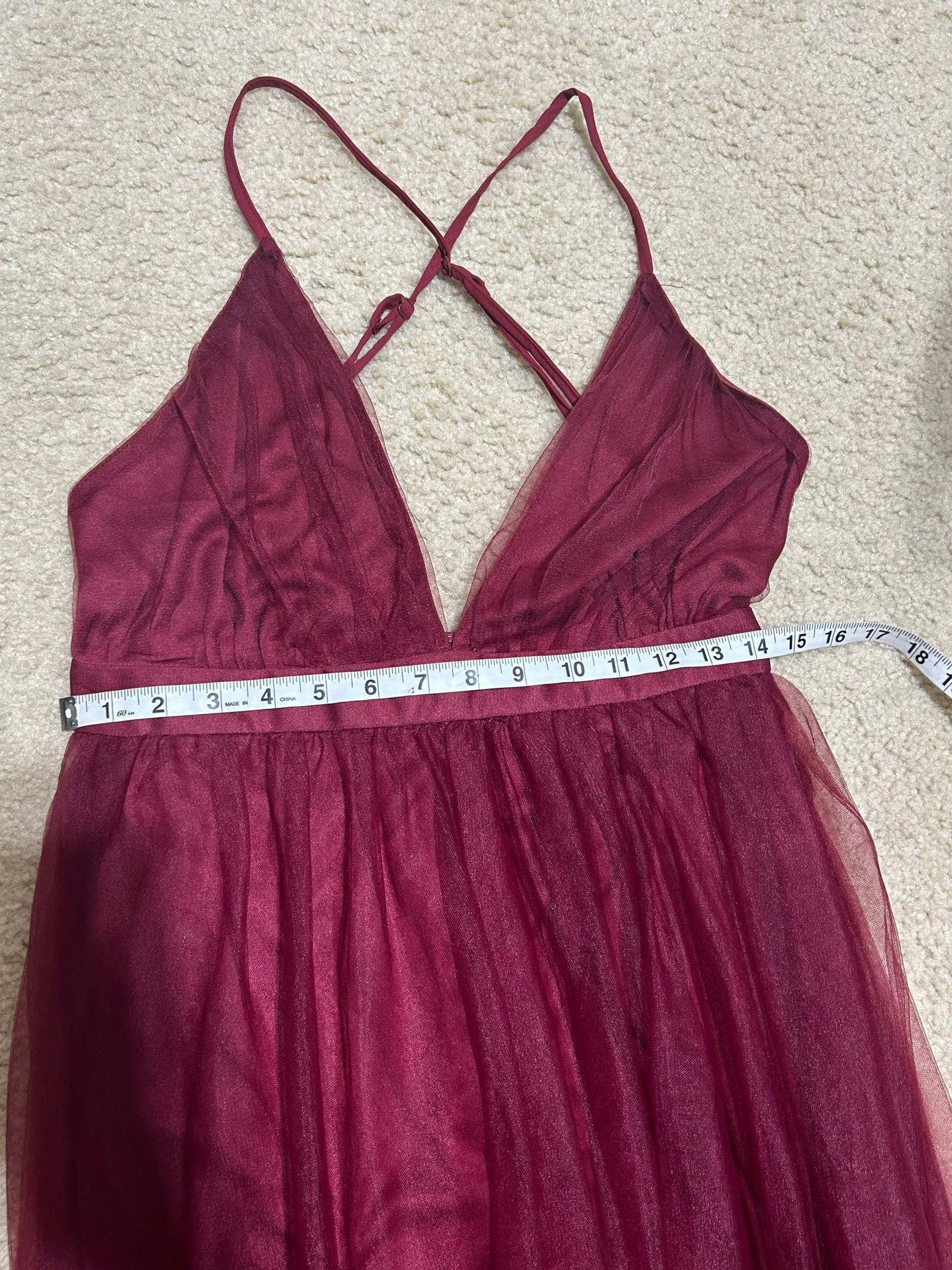 Designer Burgundy Tulle Maxi Dress, Size M - Elegant Strappy Back Size M / US 6-8 / IT 42-44 - 4 Thumbnail