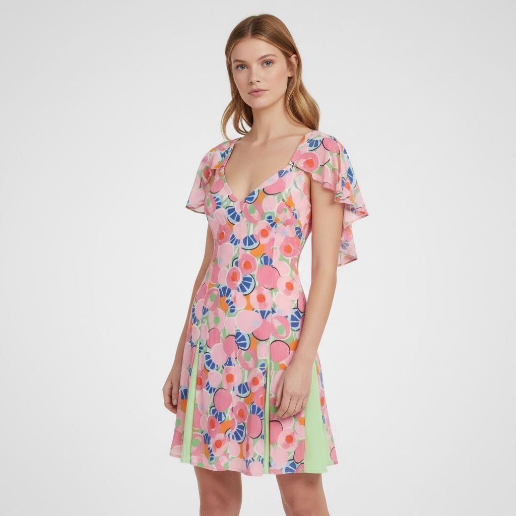Staud NWT Staud Chiquita Dress 0 Flutter Peach Multi Pleated Flora Size XS / US 0-2 / IT 36-38 - 1 Thumbnail