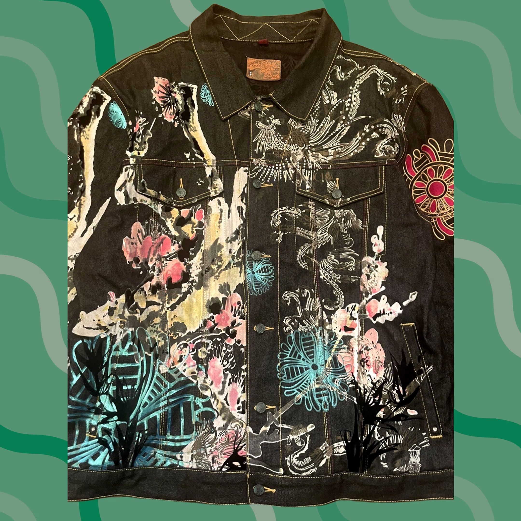Denime VINTAGE Ruthless Art Denim Jacket Mens 4XL Black Art PrintButton Up Long Sleeve Jacket Size US XXL / EU 58 / 5 - 1 Thumbnail
