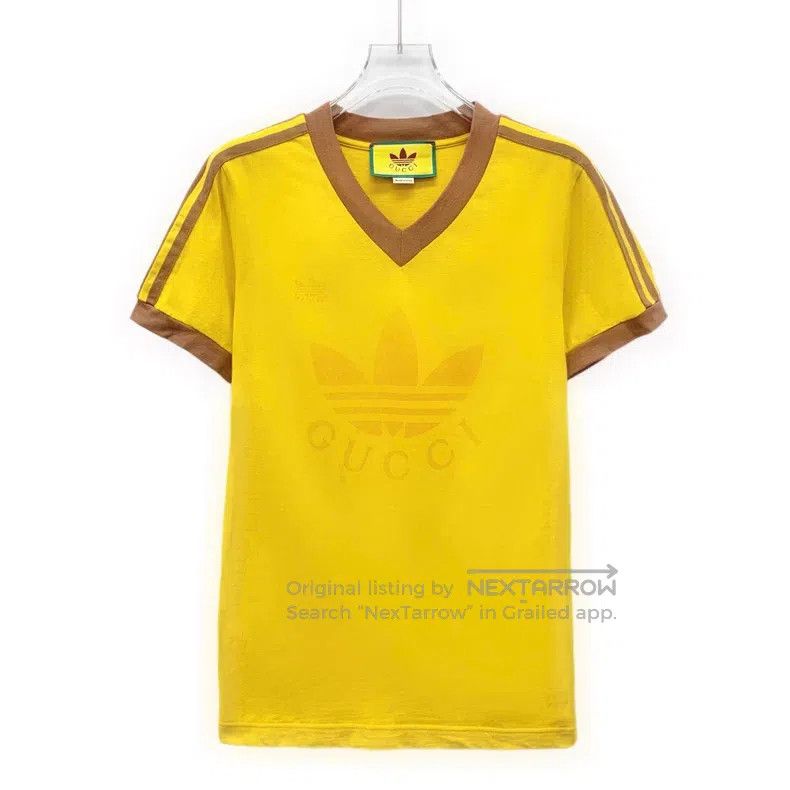 Gucci Yellow logo letter print cotton V-neck short-sleeved
