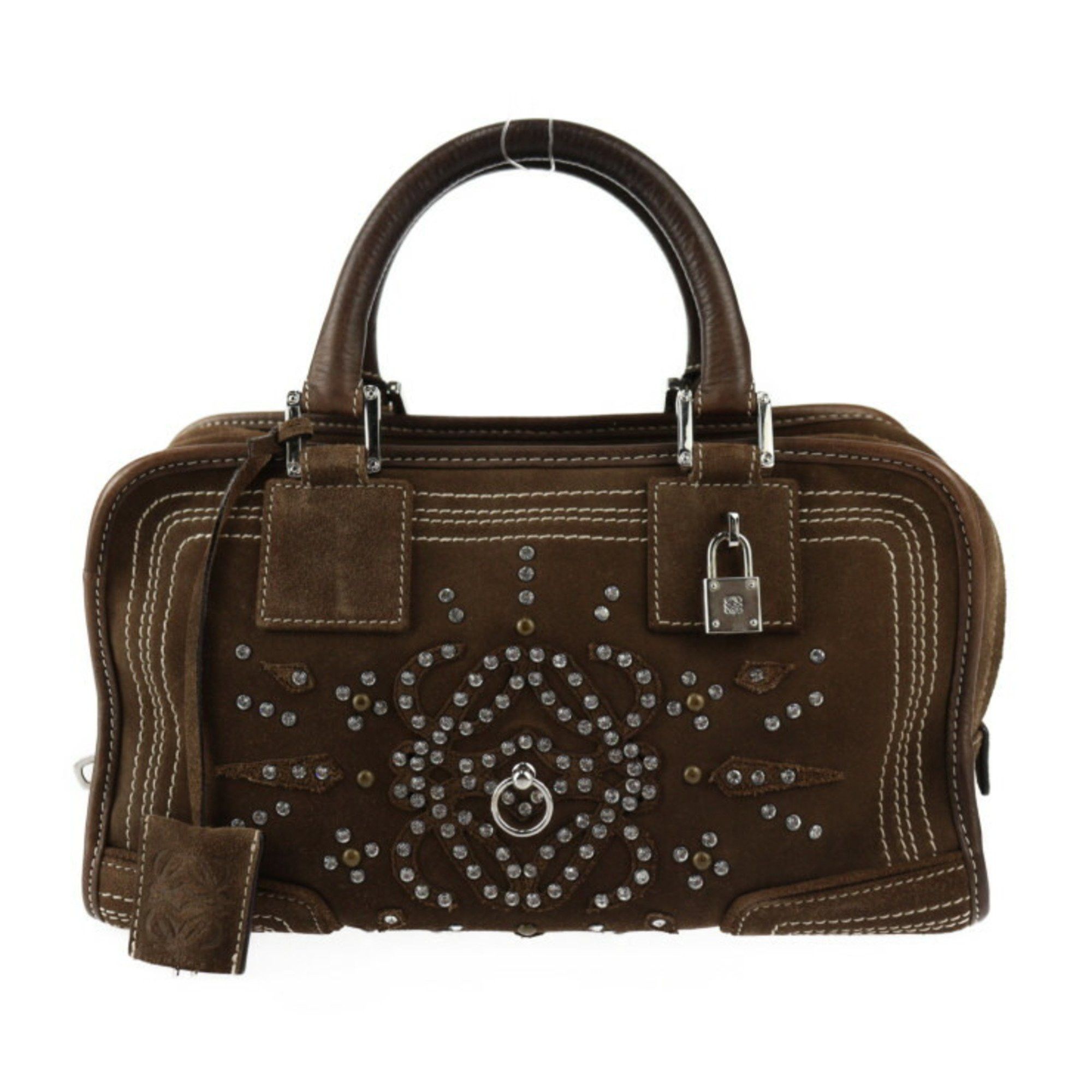 image of Loewe Amazona 28 Handbag Suede Rhinestone Brown Anagram Boston Bag, Women's