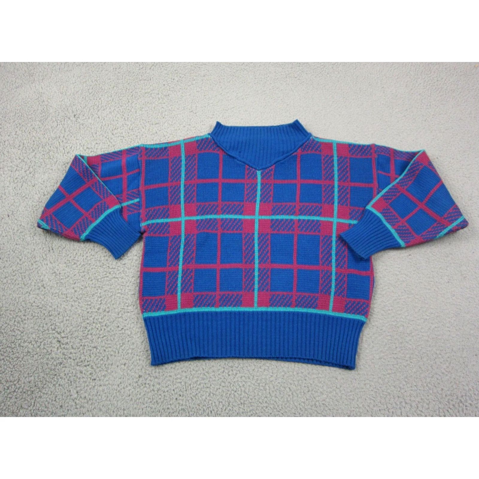Vintage VINTAGE Bramble Lane Sweater Plaid Knit Blue 80s 90s Crew Neck Long Sleeve Womens 38 Pullover Size XS / US 0-2 / IT 36-38 - 2 Thumbnail